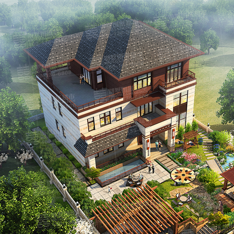 新中式带衣帽间自建房三层别墅设计图纸